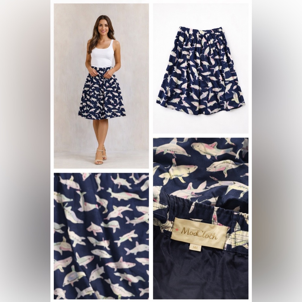 ModCloth Navy‎ Shark Print A-Line Skirt Whimsical Coastal Indie Nautical M - Picture 9 of 9